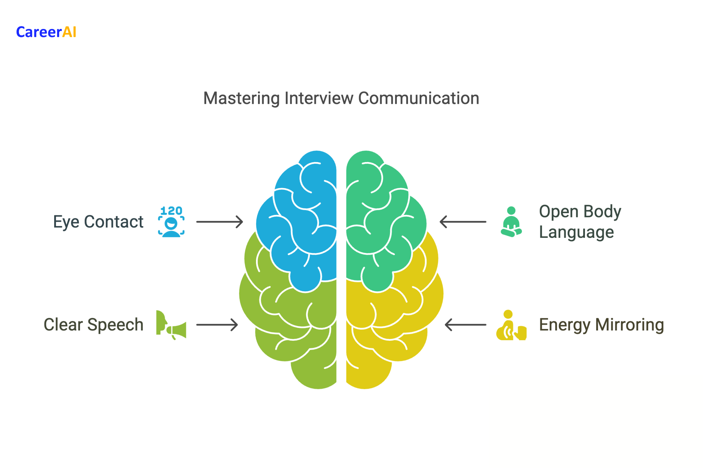 Diagram of a brain which shows four communication tips during an interview